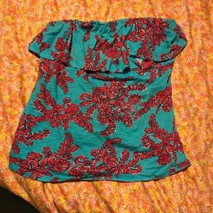 Pink and blue floral strapless top